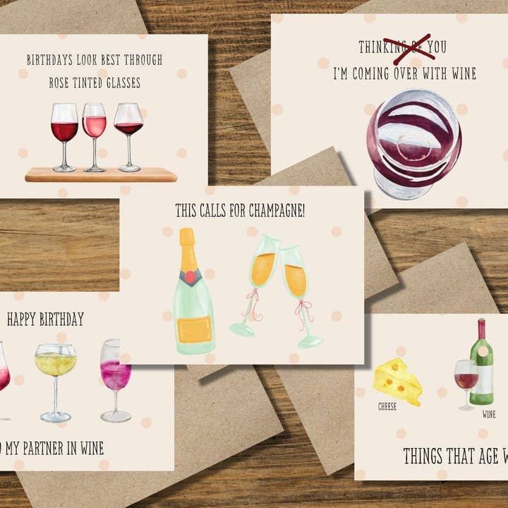 Juego de 5 tarjetas de felicitación plegadas para amantes del vino, diseños para cumpleaños, Thinking in You y celebración para venta al por mayor de CreativebyKelsey