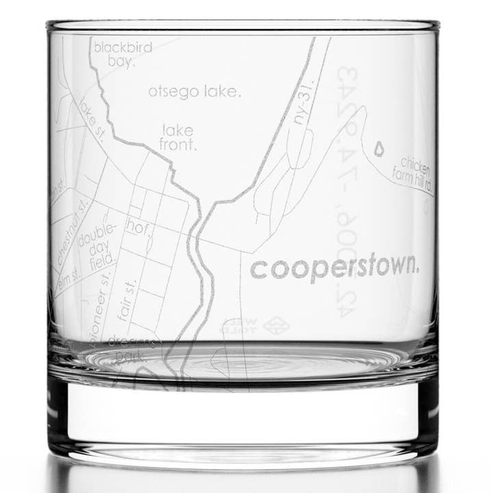 Well Told - Wholesale Drinking Glass/Cup - Cooperstown, NY City Map - Etched Whiskey Rocks Glass