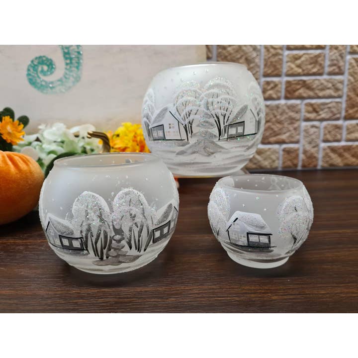 Glass by Iness - Wholesale Candle Holder - Small Frosted Glass Candle Holder, Hand Crafted in Ukraine, White Church Winter Wonderland, Wonderful Year Round8