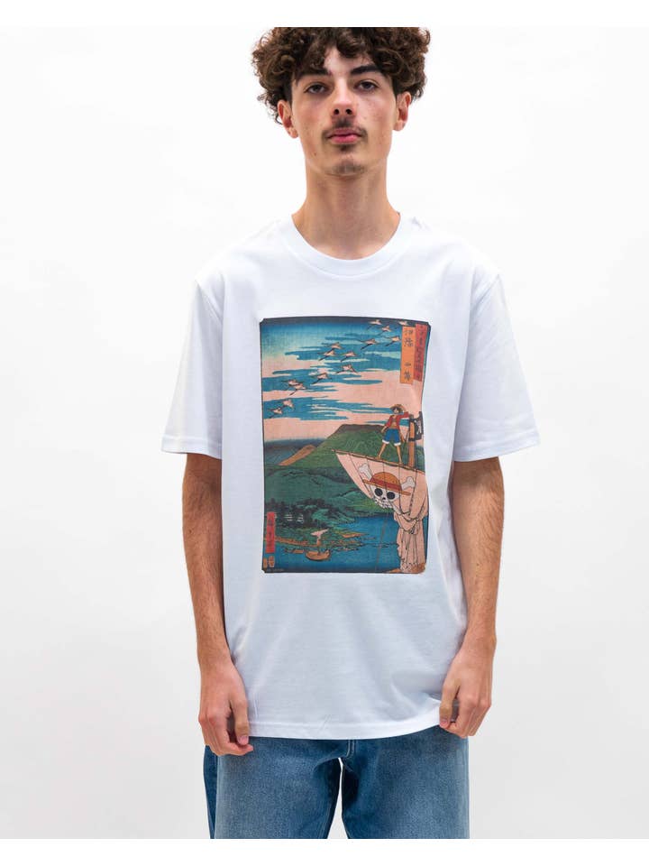 White Floating Pirate Tee - One Piece Luffy Tee for wholesale on Faire