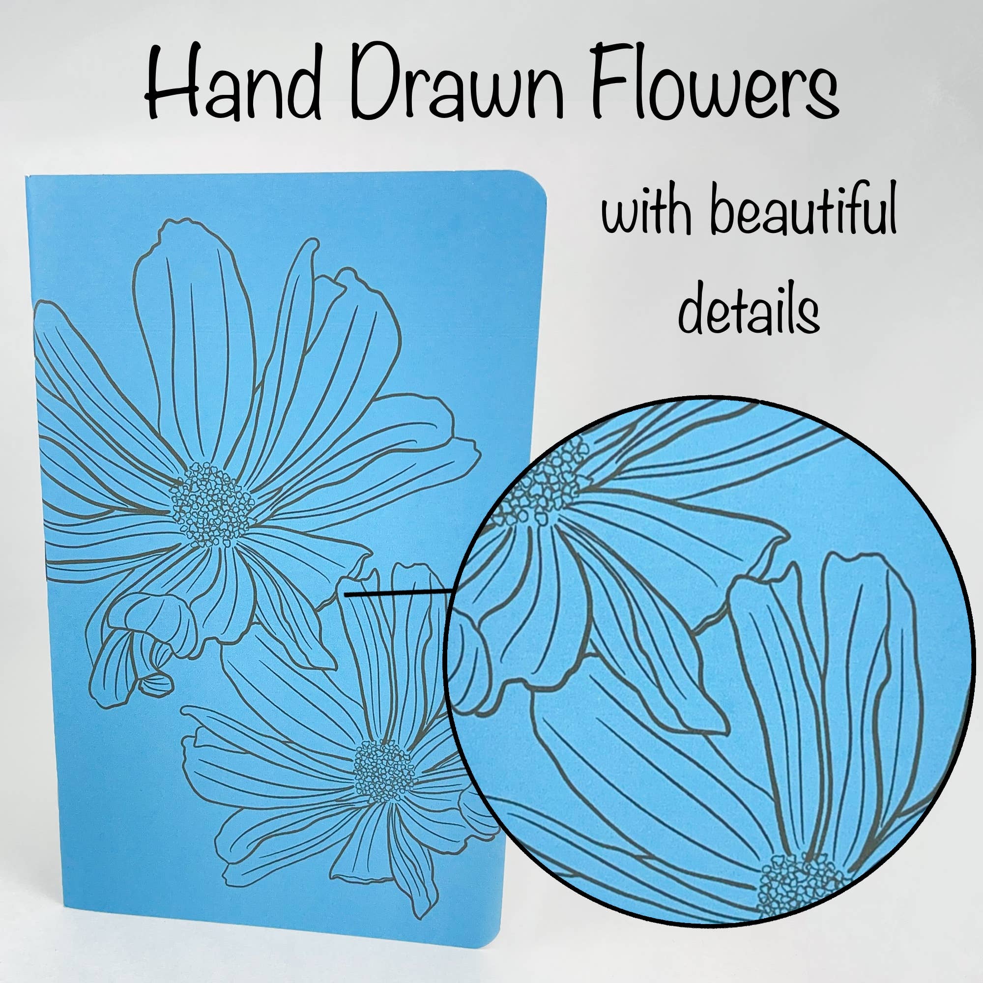 Art by Erica H & Rebel Stitchers – wholesale Anteckningsbok – Inked Flowers - Style 1 - Blå - Handgjord Sadelbunden A52