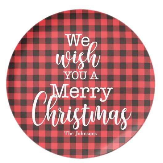 Piatti in plastica usa e getta personalizzabili in tartan natalizio per la vendita all'ingrosso da parte di YellowBrickRose