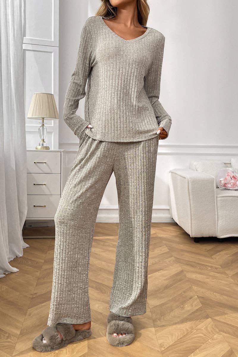 Lovesoft - Wholesale Lounge Set - Women's - Ribbed Knit Lounge Set with V Neck and Wide Pants14