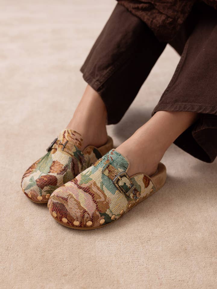 The Toni | Floral Tapestry Studded Buckle Clog for wholesale on Faire1