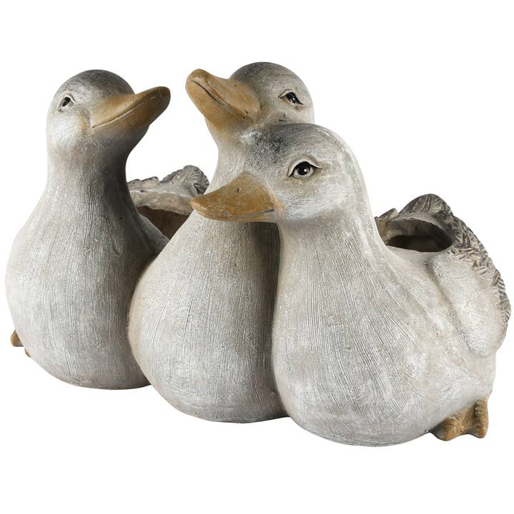 Blumentopf mit drei grauen Enten aus Magnesium, 35 x 25 x 24 cm für den Großhandel von Dekoratief