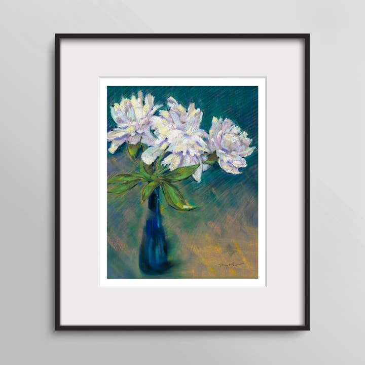 Fine Art Print, 11x14 Unframed, Blue Bottle White Peonies for wholesale by Mary Pow Designs