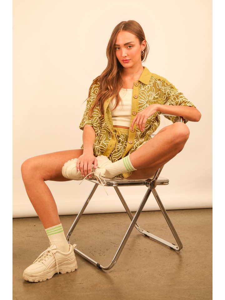 VERY J - Wholesale Lounge Set - Women's - NT11975SET-Printed Casual Shirt Top & Shorts Set