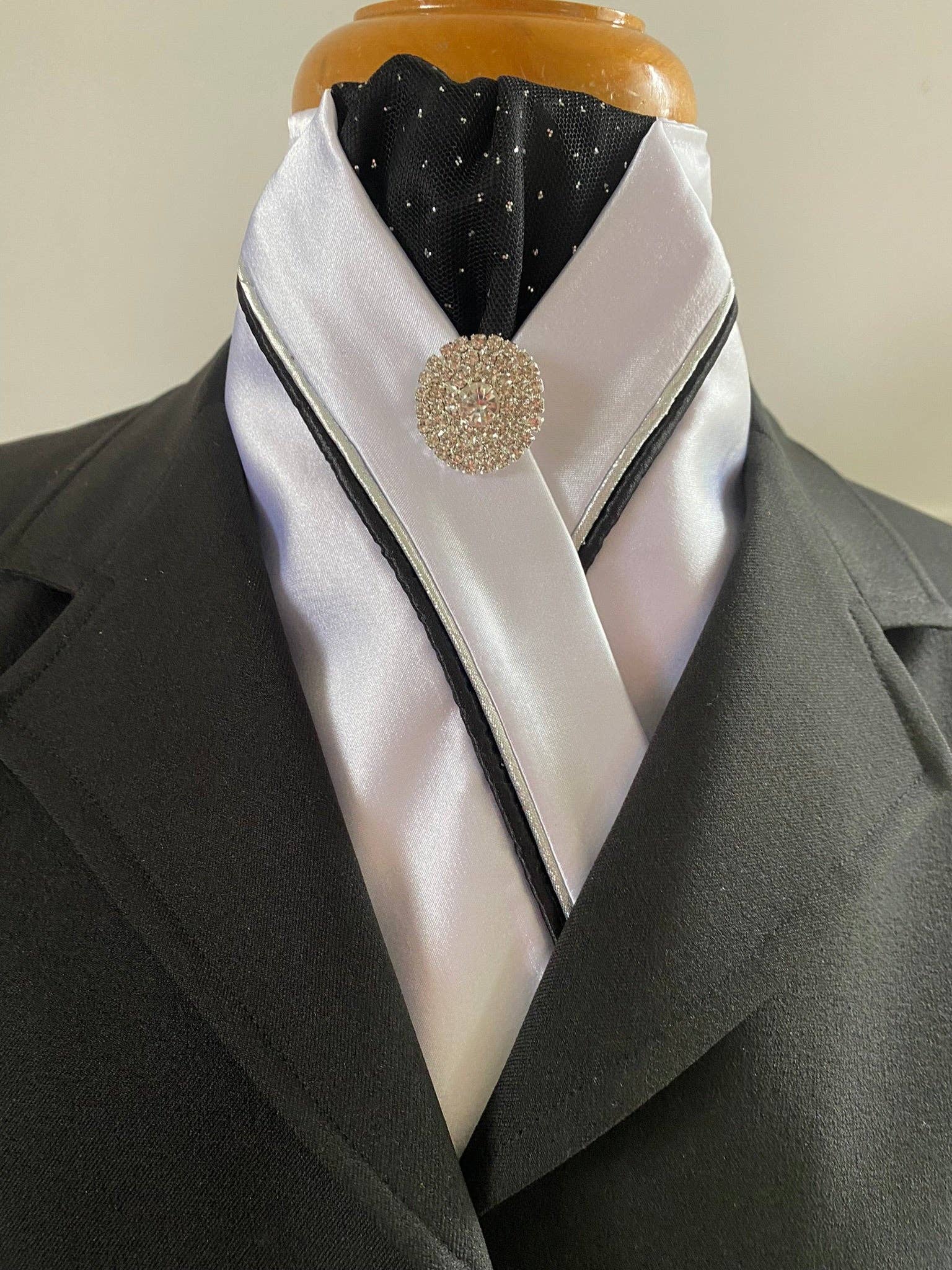 Heavenly Horse Designs - Wholesale Necktie – Men’s - HHD Custom White Satin Pretied Stock Tie Black & Silver Bling