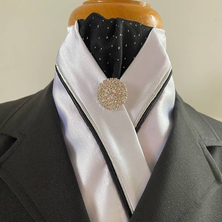 Heavenly Horse Designs - Wholesale Necktie – Men’s - HHD Custom White Satin Pretied Stock Tie Black & Silver Bling0