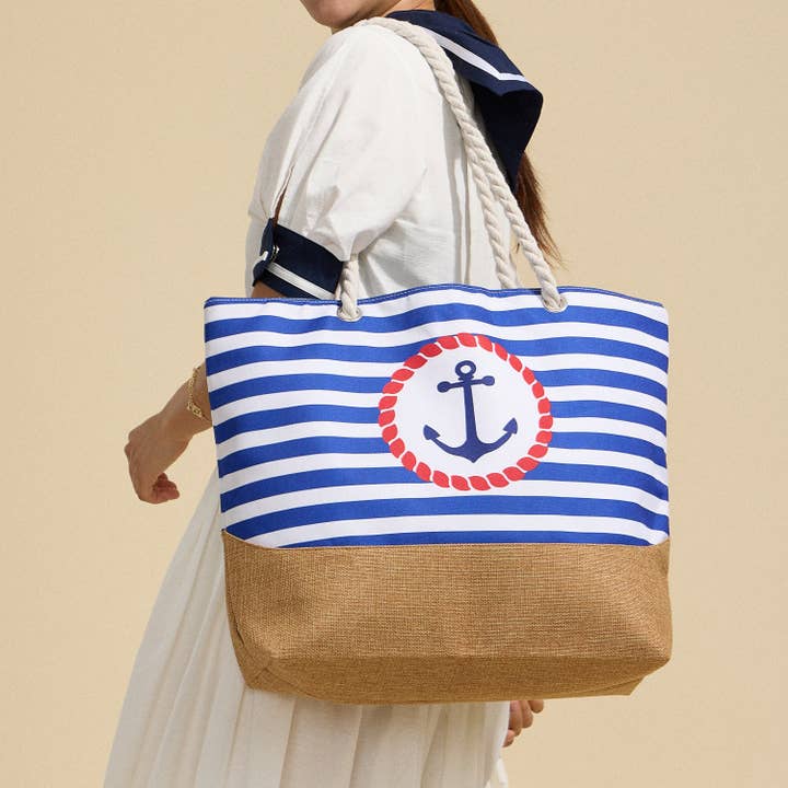 Frem - Vente Sac de plage - Tote en polyester à rayures avec poignées en corde