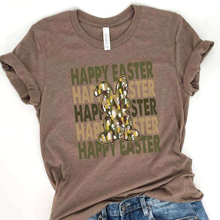 Happy Easter Camo bunny t-shirt, women's graphic top for wholesale by ATTA TOOD LLC