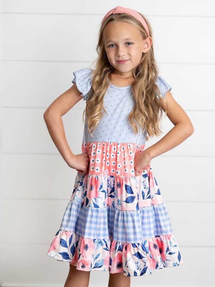 Girls Ava Periwinkle Floral Checkered Spring Tiered Dress for wholesale by Adorable Sweetness