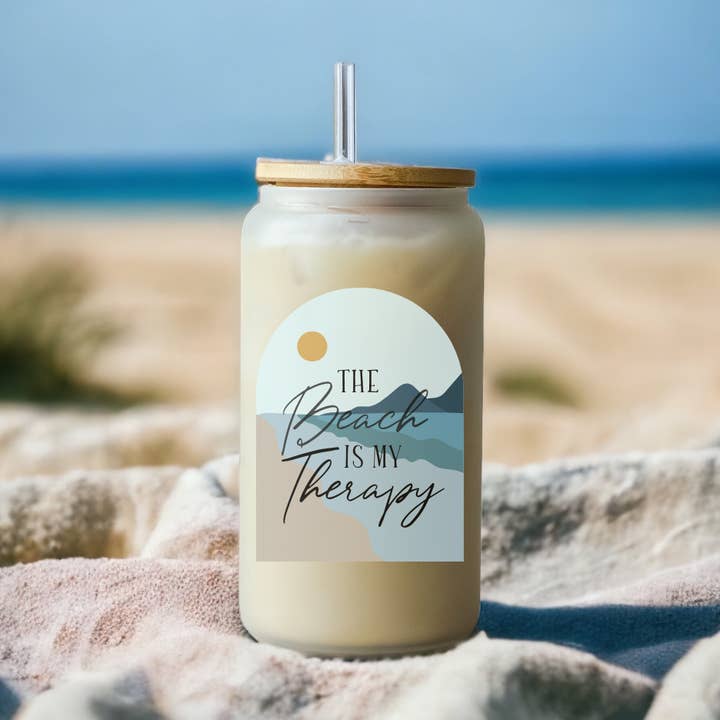 Stranden er min terapi 16 oz glaskop m/bambus låg og halm for engroshandel hos Modern Lifestyle Gifts