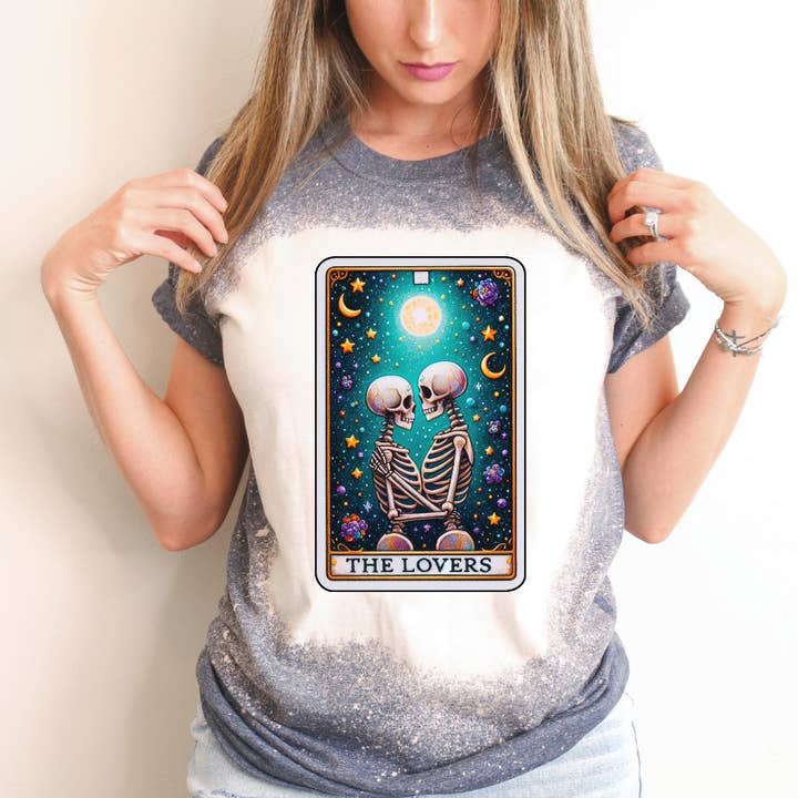 The Lovers Tarot Card Bleached Tee for wholesale by Hello Gorgeous Apparel
