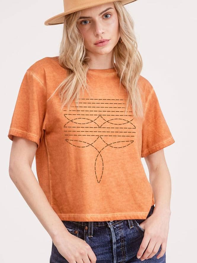 Cowboy Boots Toe Stitch Graphic S/S Lunar Dye Faux Crop for wholesale by Zutter