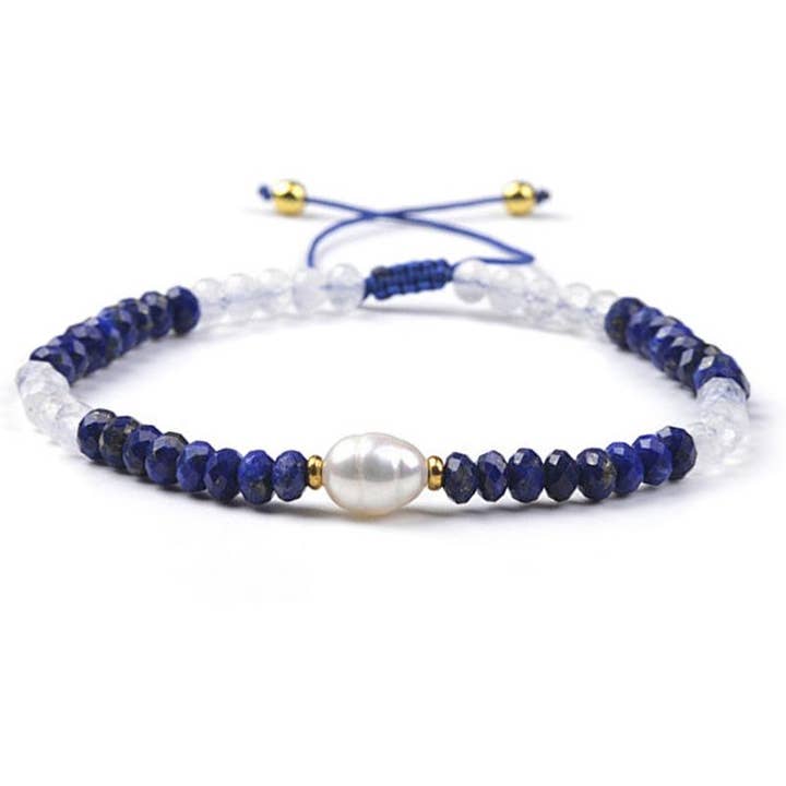 La Boîte à Cailloux - Wholesale Beaded Bracelet - Adjustable sliding bracelet with multi lapis lazuli, moonstone, and freshwater pearl (faceted beads 3-4mm)