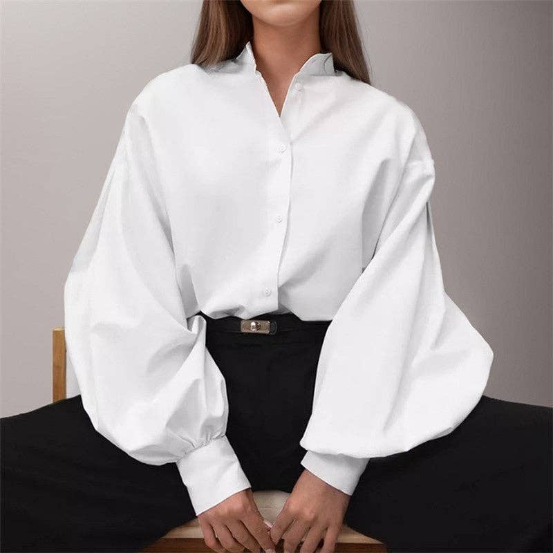 ShieldChic - Wholesale Button Down Shirt - Women's - Solid Color Lapel Single Breasted Lantern Sleeves Blouse7