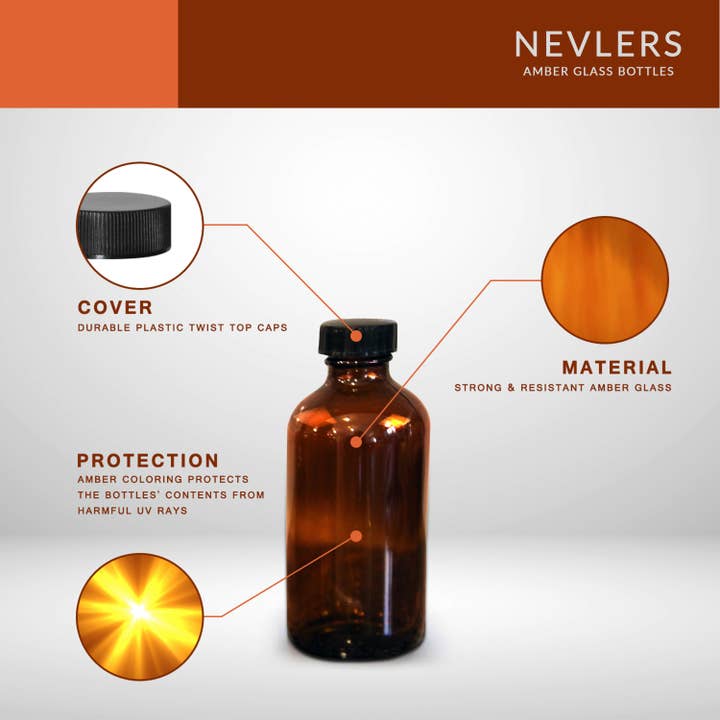 Nevlers - Wholesale Jar - Amber Glass Leak Proof Bottles with Twist Caps - 8oz (12pk)