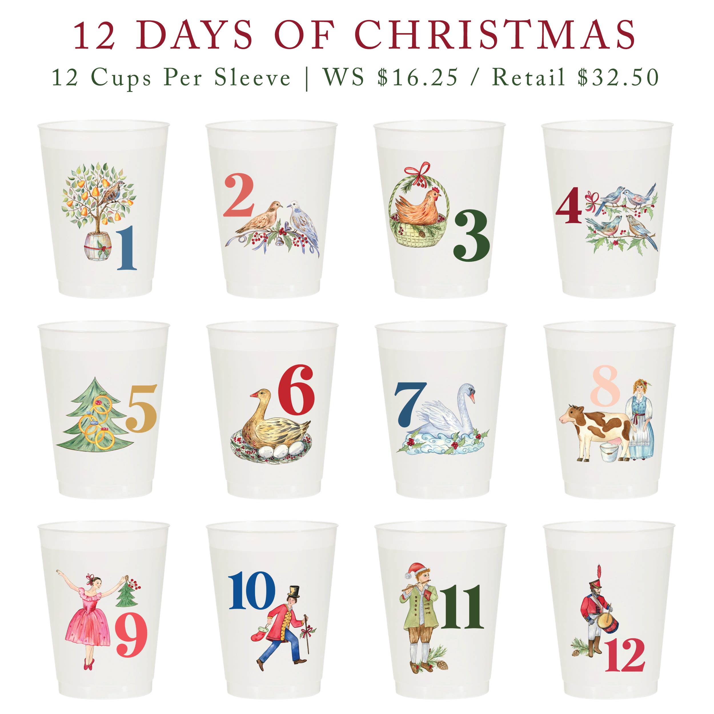 Sip Hip Hooray – wholesale Disposable cup – 12 Days of Christmas Frosted Cups / 12 Cups - Christmas1