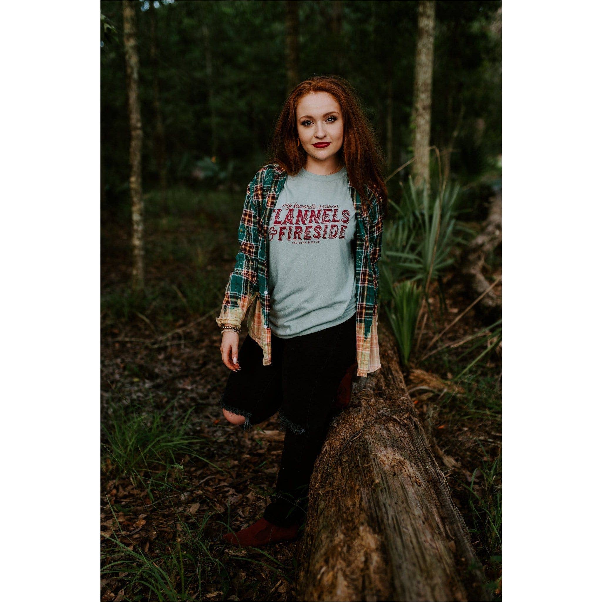 Southern Bliss Co. - Wholesale Screen Printed T-Shirt - Women's - Flannels and Fireside Teal Tee1