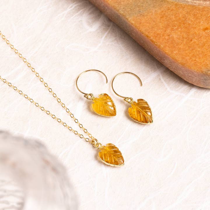 Citrine Leaf Shape Gold Earrings and Necklace Set for wholesale by Soul & Little Rose