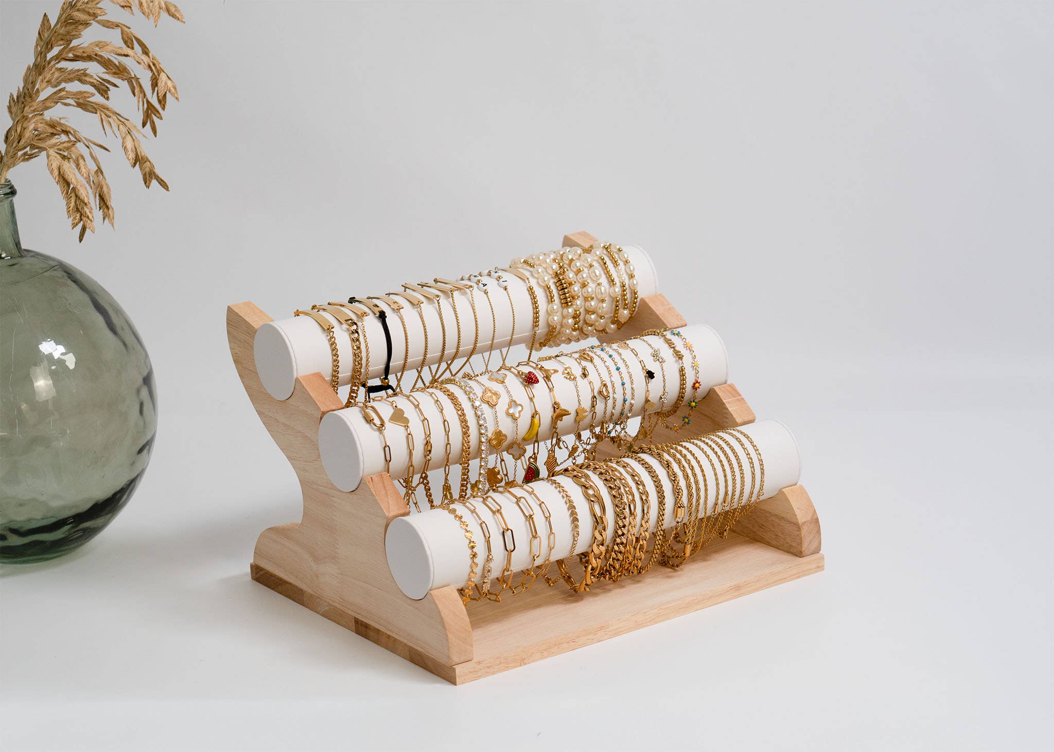 WJW - Wholesale Jewelry Stand & Display - Natural Wood & Leather 3 Tier Bracelet Display3