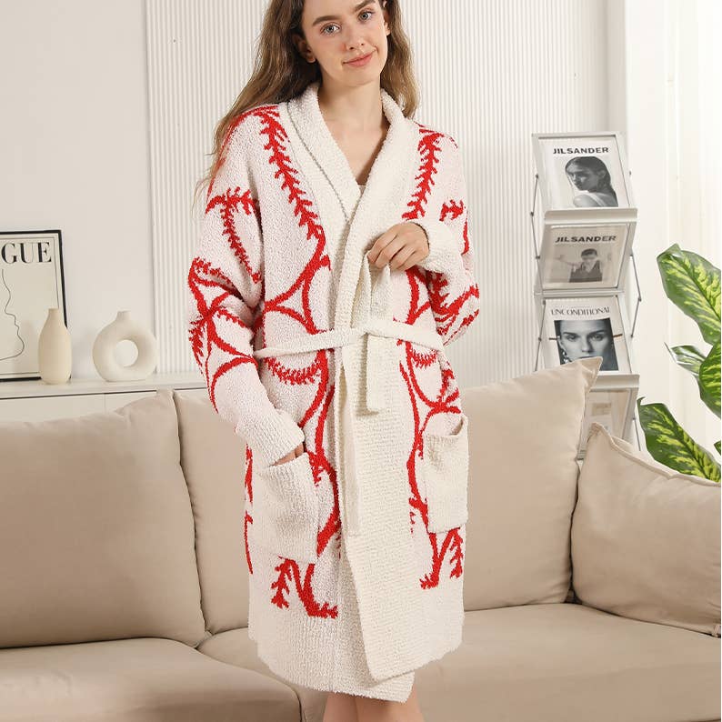 ROUGE Peignoir doux à motif de baseball avec poches avant en vente sur Faire7
