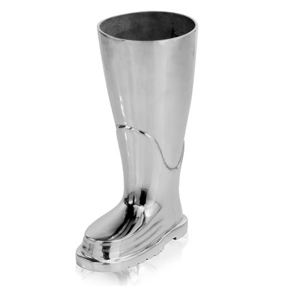 HomeRoots - Wholesale Sculpture - 16" Silver Buffed Aluminum Firefighter Boot Umbrella Stand Sculpture0