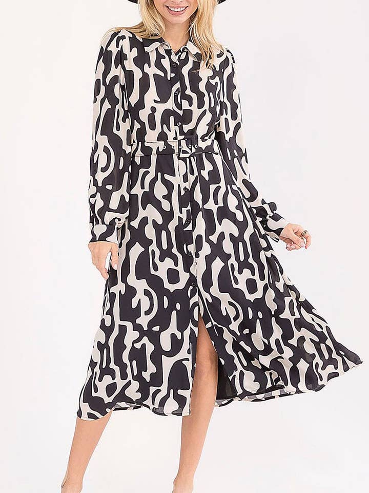 BLACK CREAM LONG SLEEVE BUTTON UP BELTED PRINT MIDI DRESS for wholesale on Faire0