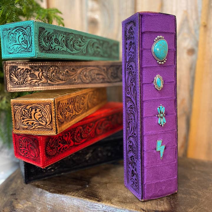 Western Linens - Wholesale Jewelry Stand & Display - Violet Tooled Leather Ring Holder