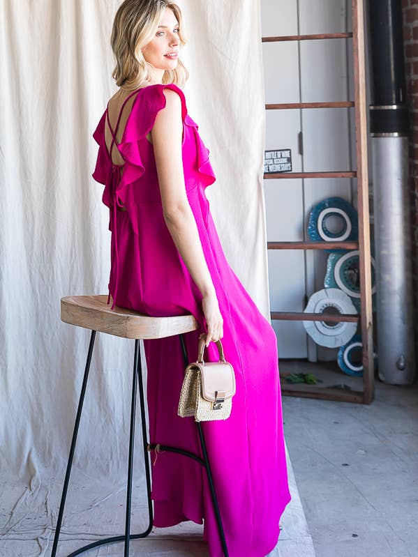 Flowy V-Neck Crossed Open Back Ruffle Maxi Dress D4707 for wholesale by 7th Ray