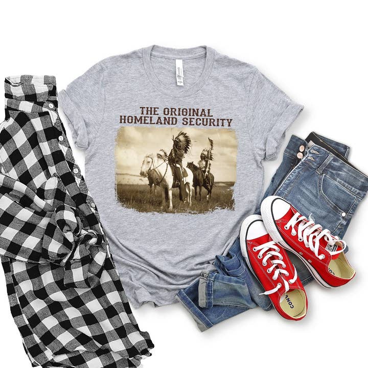 Artopia - Wholesale Screen Printed T-Shirt - Women's - Native American T-Shirt, The Original Homeland Security Tee