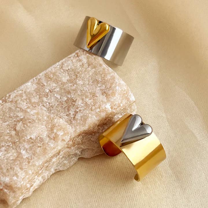 Sweet Cherry Sky - Wholesale Cocktail/Statement Ring - Solid Adjustable Mixed Jewelry Ring Silver and Gold Heart2