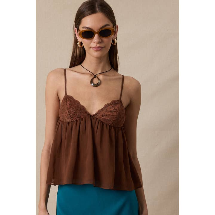 FLORAL EMBROIDERED BUST SHEER SOLID COLOR CAMI TOP for wholesale by Sky to Moon