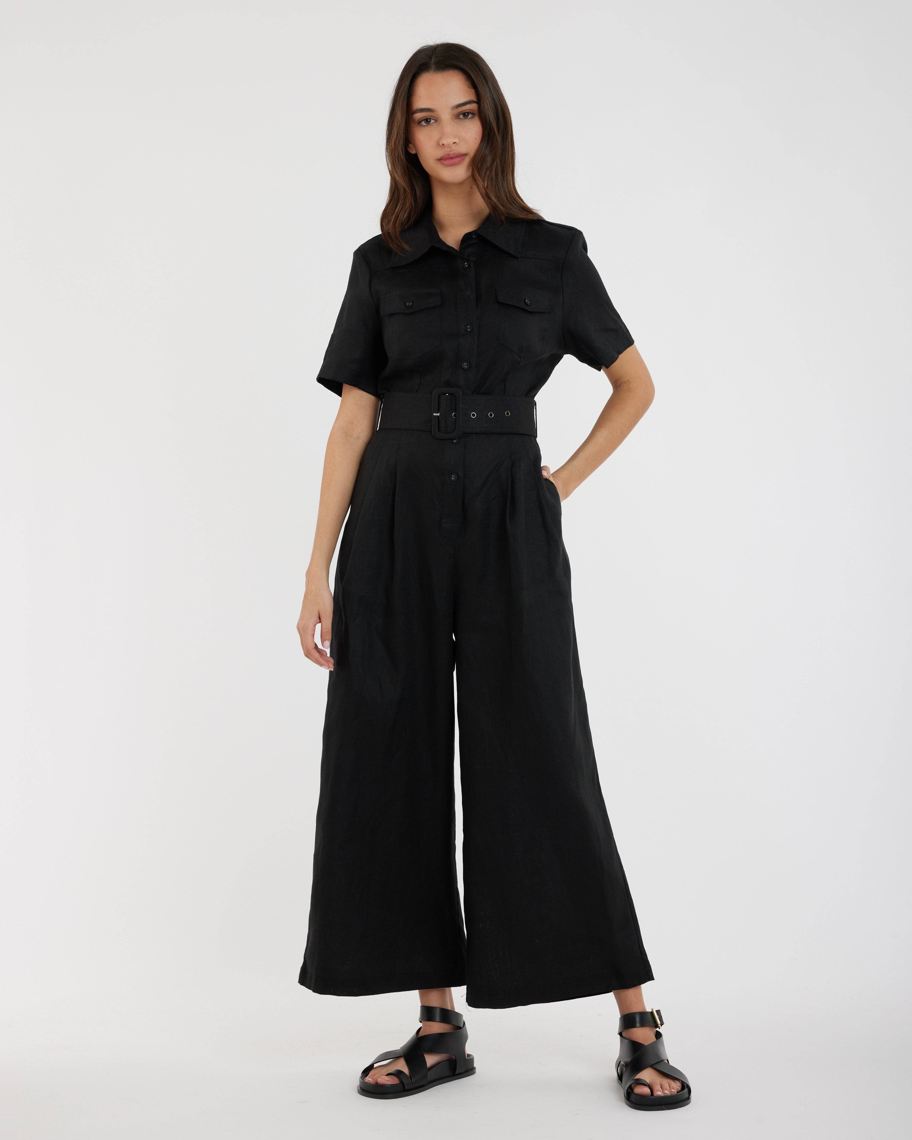 Portsea Linen Jumpsuit - Black for wholesale on Faire1