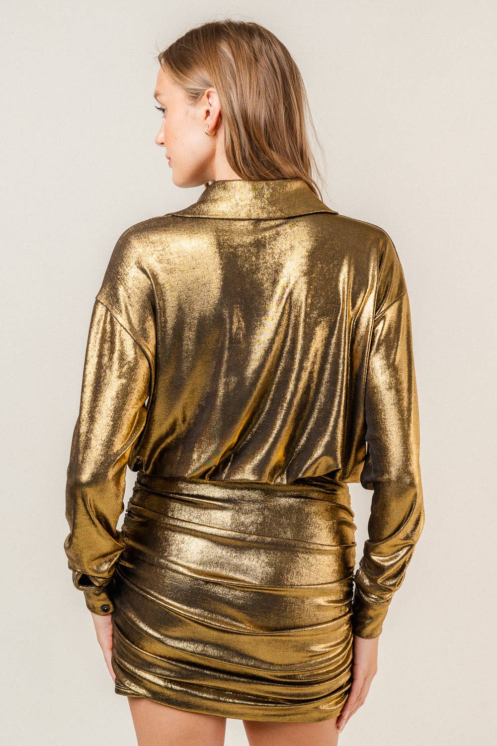 Fore Collection – wholesale Dress – Women's – METALLIC COLLAR SHIRT STYLE RUCHED MINI DRESS-DD8562AFO11