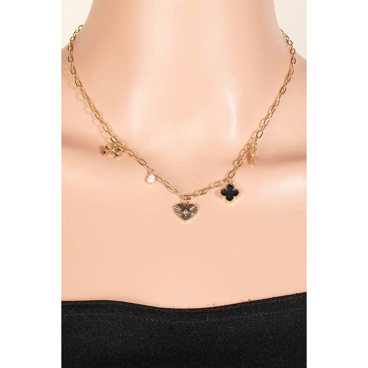 The Looks by Fame Accessories - Wholesale Link & Chain Necklace - Epoxy Clover Heart Cross And Pearl Charms Chain Necklace