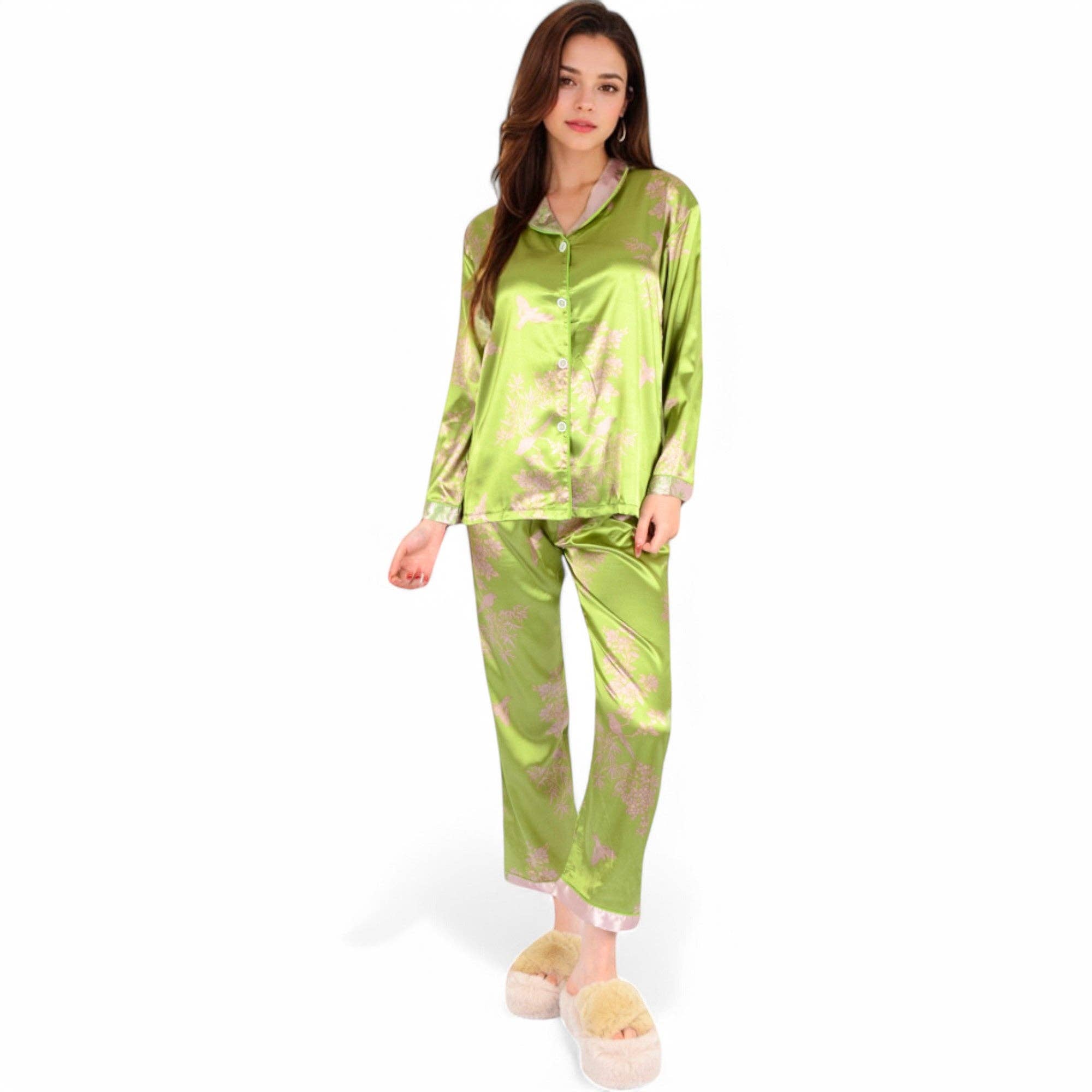 Vert Ensemble de pyjama en satin à imprimé bambou avec bordure contrastante en vente sur Faire1