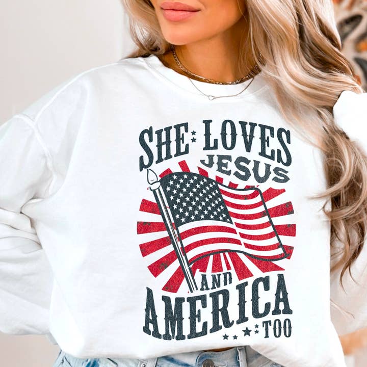 She Loves Jesus And America | July 4th Patriotic Sweatshirt for wholesale by Shoppe SHC