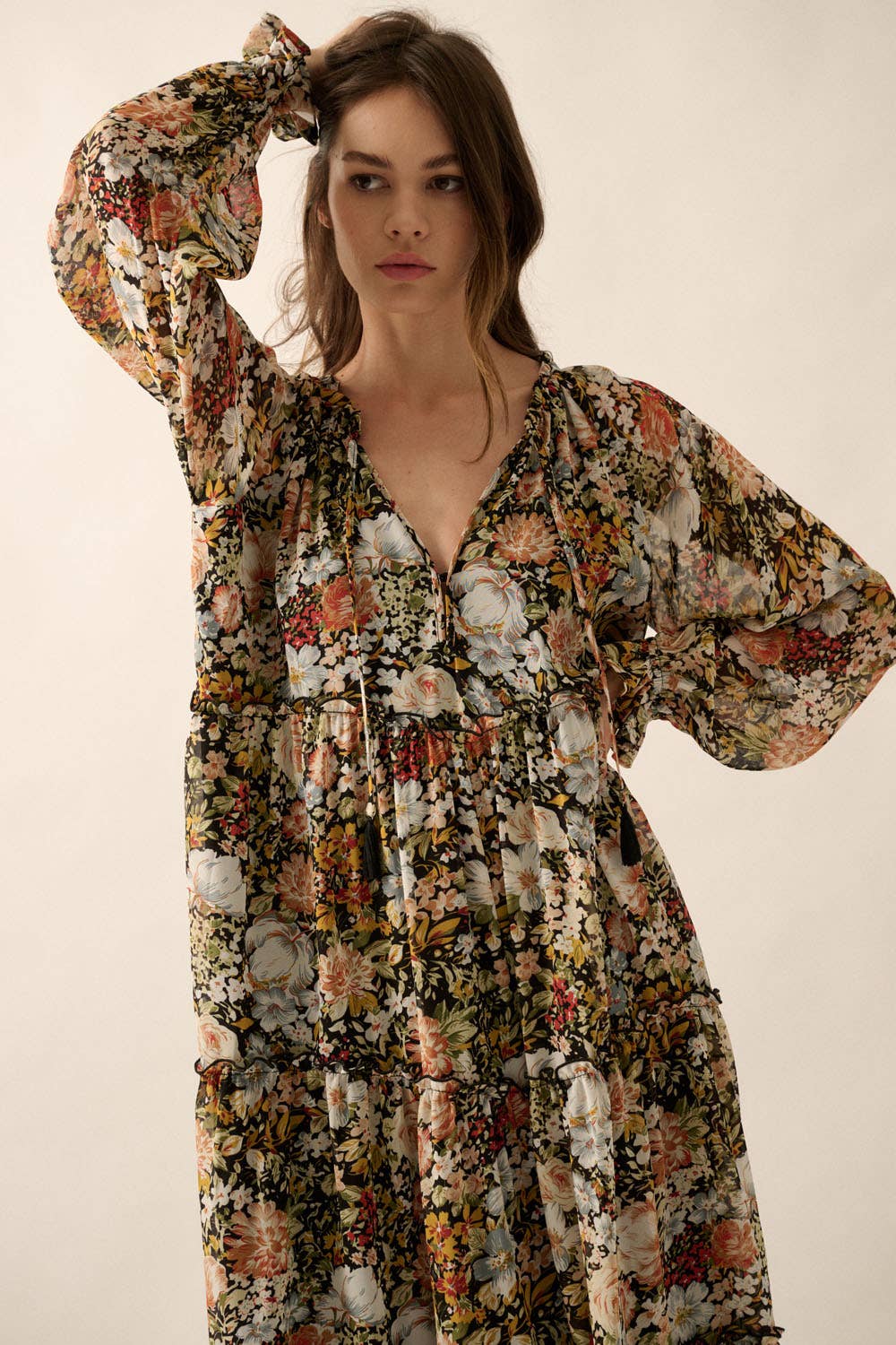 Black Floral V-Neck Chiffon Midi Dress for wholesale on Faire3