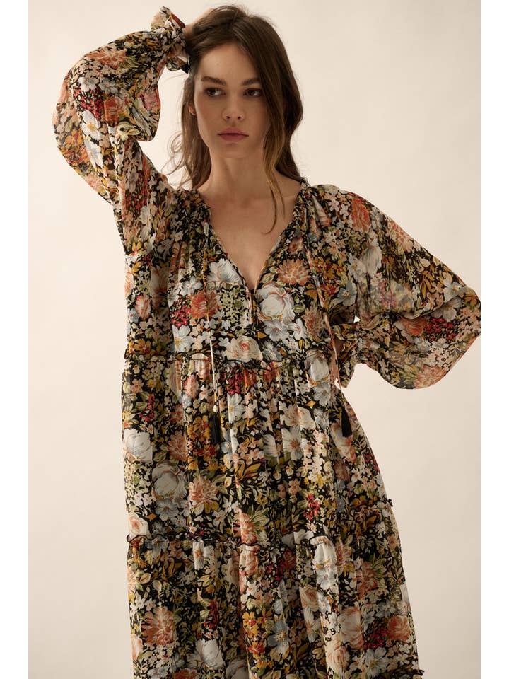 Black Floral V-Neck Chiffon Midi Dress for wholesale on Faire3