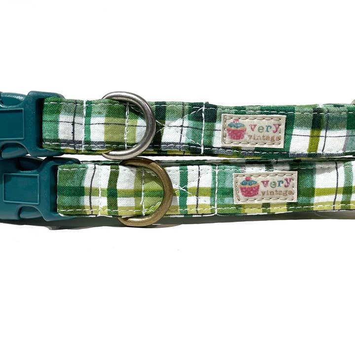 Very Vintage Designs - Wholesale Pet Collar - Cat/Dog - Finn - Green Plaid Organic Cotton Dog & Cat Collars1
