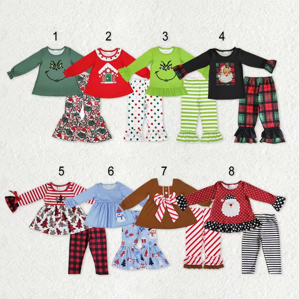 Aier Wholesale - Wholesale Top & Pant Set - Kids - Sibling Baby Girls Santa Snowman Green Face Tunic Pants Christmas Clothes Sets8