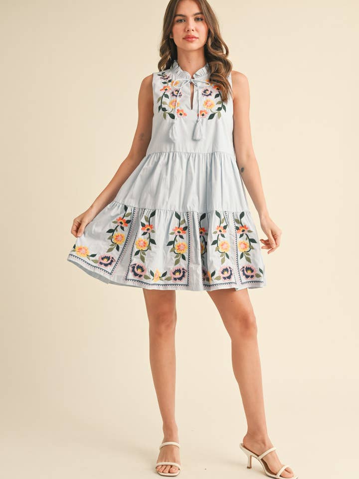 &MERCI - Wholesale Dress - Women's - FLORAL EMBROIDERY TIERED MINI DRESS MDR38418