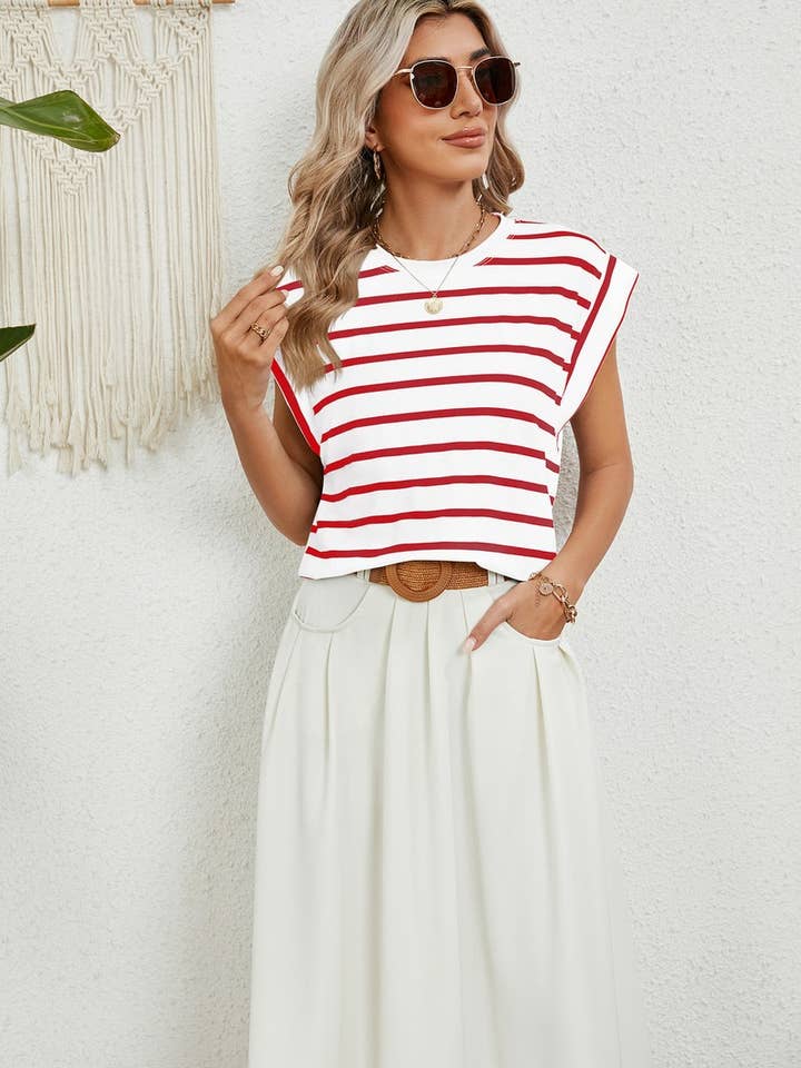 NINEXIS - Wholesale T-Shirt - Women's - CWTBLS0865_ROUND NECK STRIPED RAGLAN SLEEVE T-SHIR