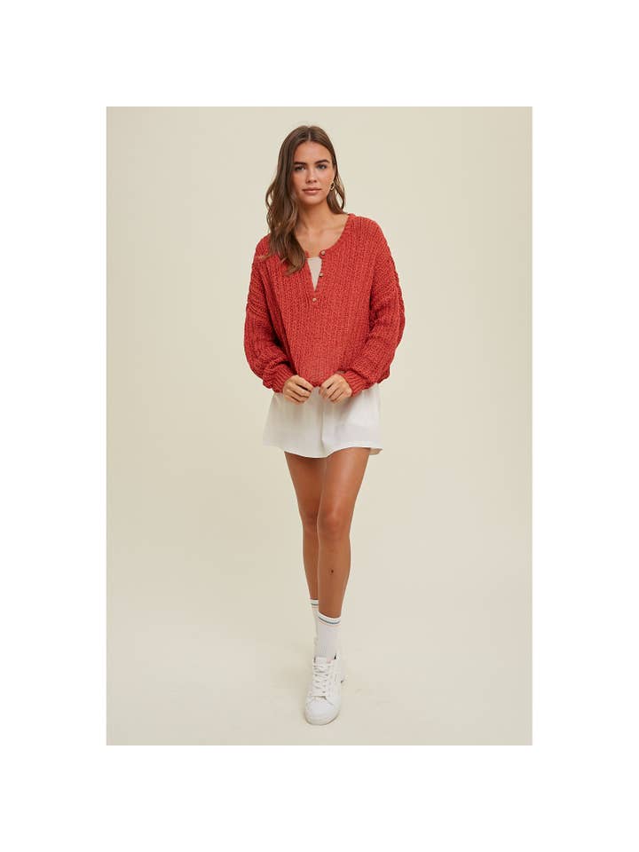 Wishlist Apparel - Wholesale Knit Sweater - Women's - BUTTON-UP RELAXED CROP CROCHET SWEATER / WL23-8435