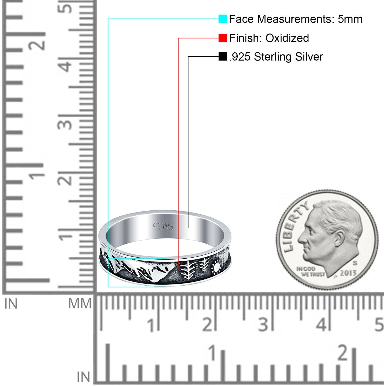 Argento Sterling. Anello a fascia ossidato con montagne e alberi (5mm) in vendita all'ingrosso su Faire3