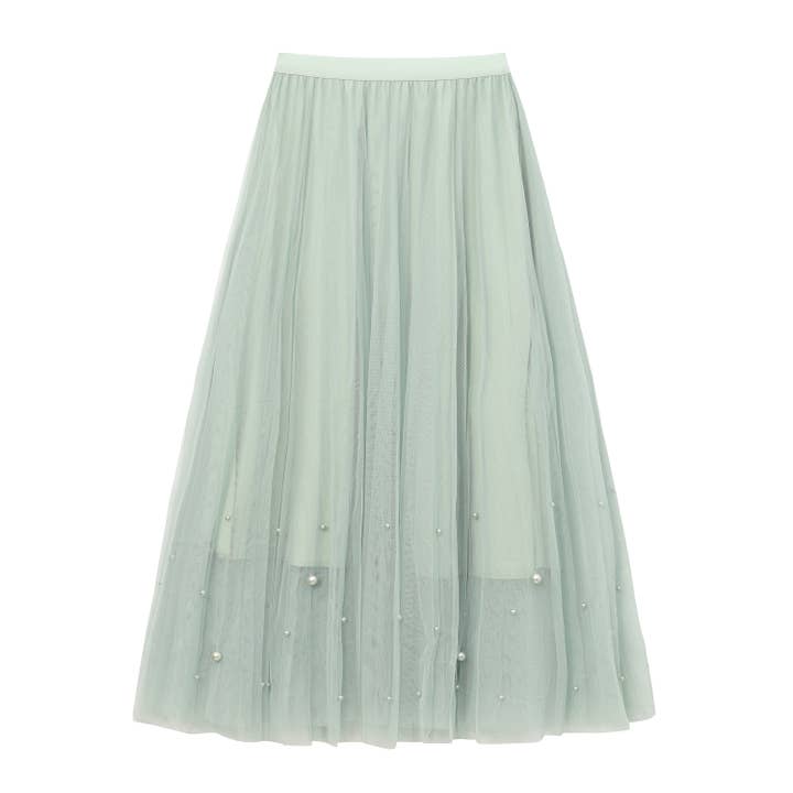 sage Fairy pleating mesh Skirt with vary size Pearls at hem (Sage) for wholesale on Faire