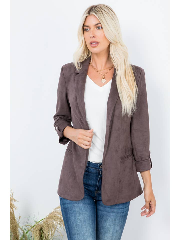 26 International - Wholesale Blazer - Women's - Elegance Open Front Roll Up Suede Blazer