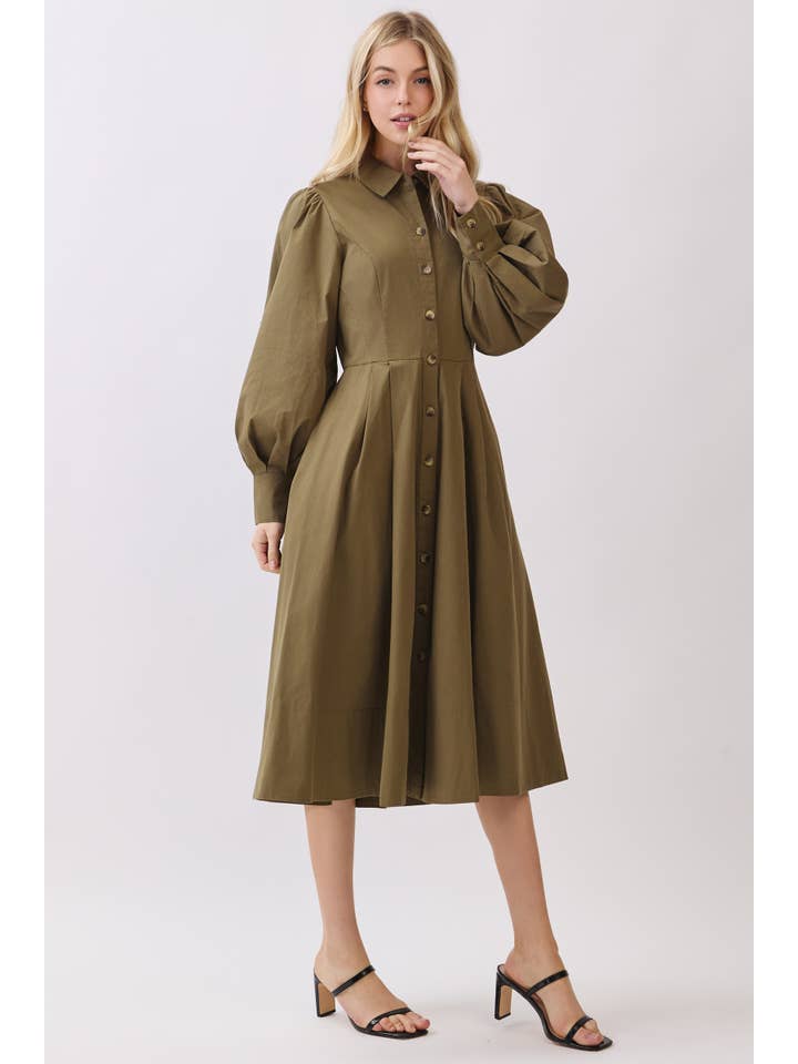 Calista - Wholesale Dress - Women's - COLLARED BUTTON DOWN LONG SLEEVE MIDI DRESS - VD60837